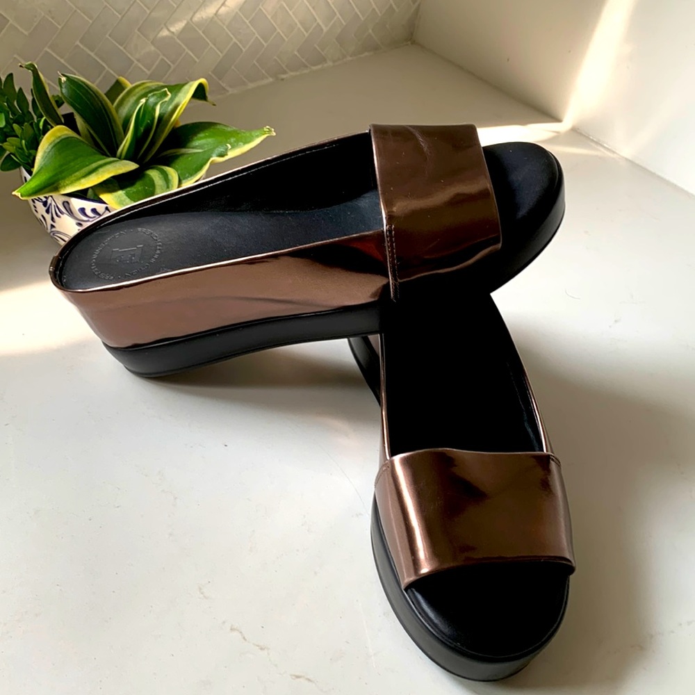 French connection leather upper bronze metallic slip on shoes size 9